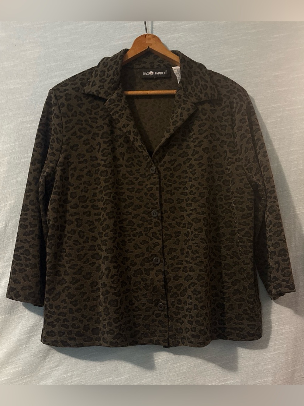 Sag Harbor Vintage Y2K Blouse 3/4 Sleeve Button Up Olive/Black Women’s Sz 10